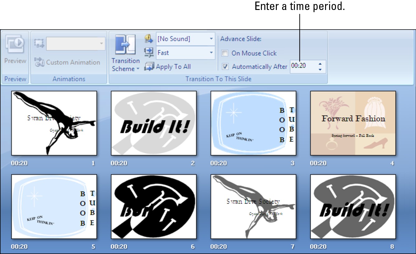 Figure 3-1: Enter how long you want each slide or all the slides to remain on-screen in the Automatically After box.